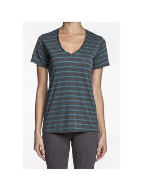 Solow Sport Boyfriend V Neck Color Block Stitch Top Botanical Striped Tee NWT XS